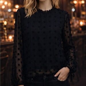 Liumilac Women’s Black Swiss Dot Sheer Blouse | Long Sleeve Tie Cuffs | Dark